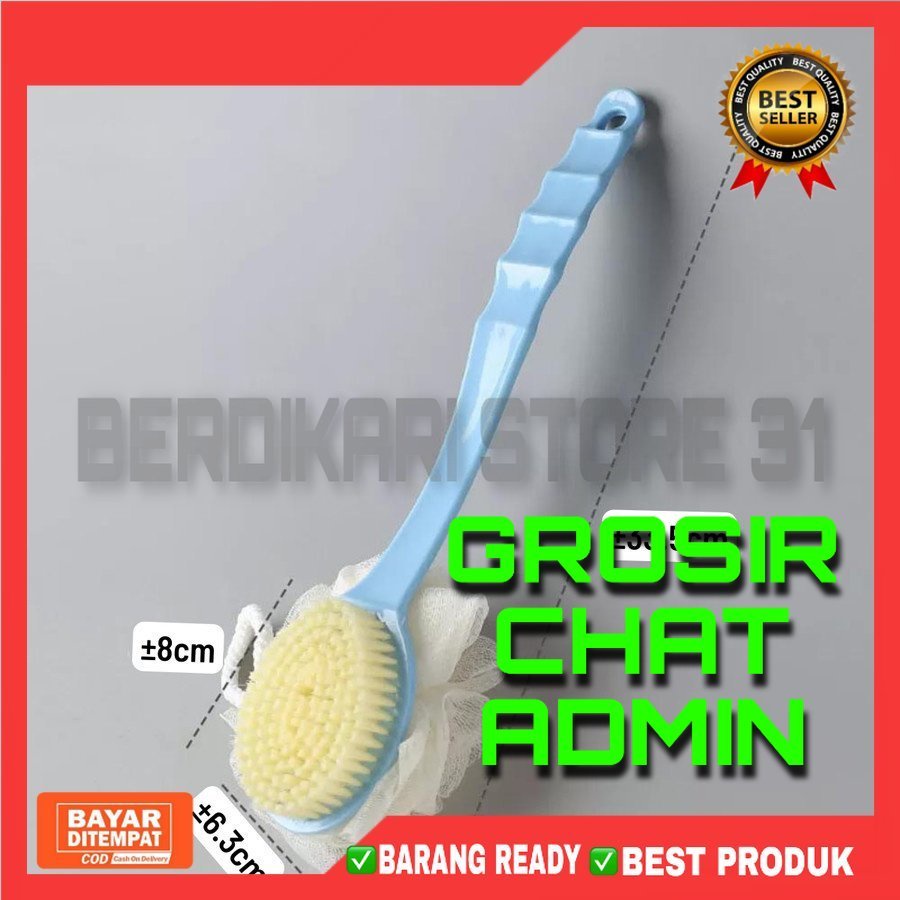 (BS) Sikat Punggung + Shower Puff 2in1 / Alat Bantu Pembersih Penggosok Badan 2 Sisi / Body Brush + Spons Double Side Long Handle / Tongkat Mandi Gagang Panjang Serbaguna Sponge Spon Busa Sabun