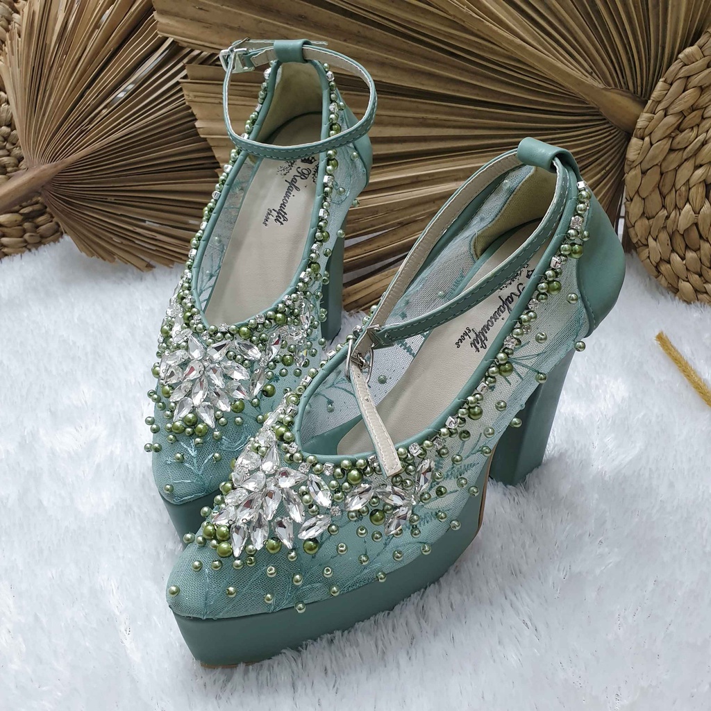 Sepatu wedding pesta cantik payet mewah Dhira sage tinggi 12cm