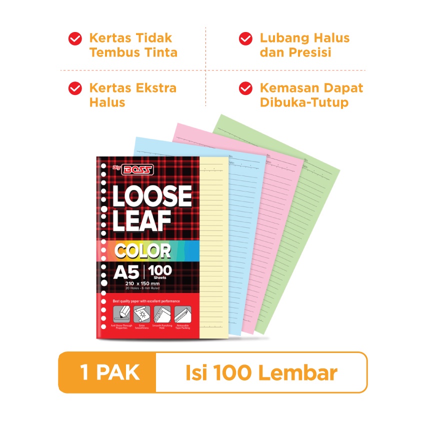 

Kertas Binder Loose Leaf BIG BOSS Color Rainbow A5 100 Lembar