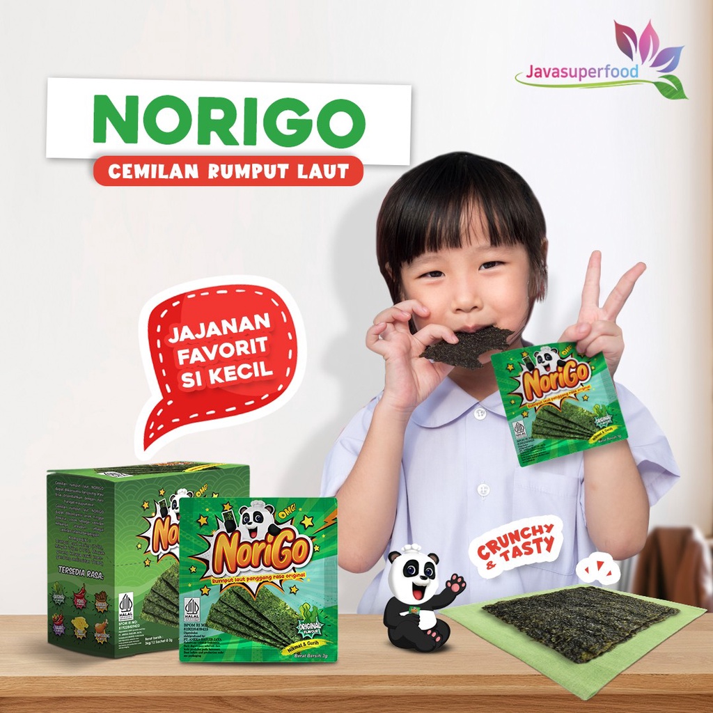 Norigo (1 BOX ISI 12 PCS) / Nori Sachet Seaweed Snack 3g Rumput Laut Halal Rasa Original