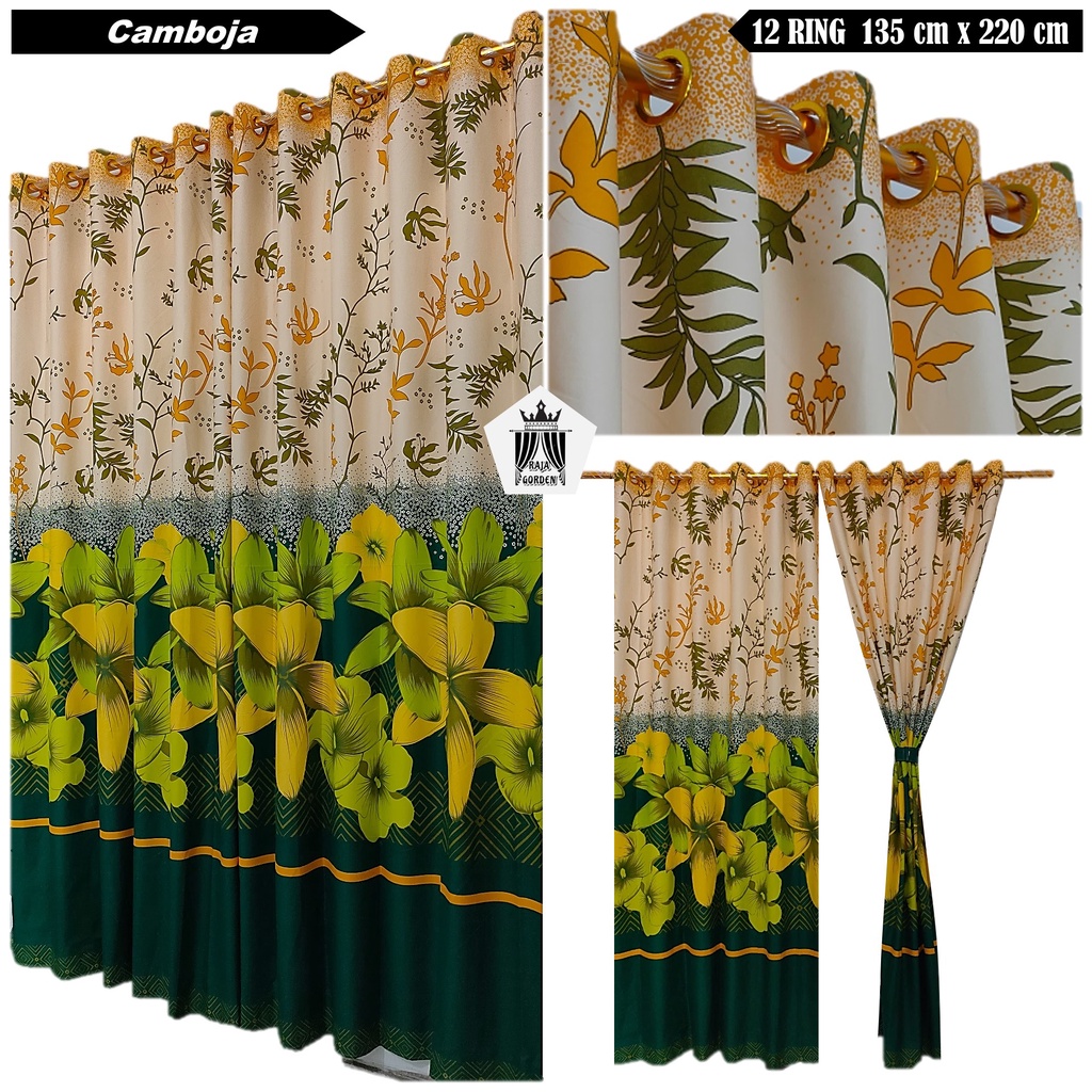 Gorden Jendela Pintu Kamar Model Smokring 12 Lubang Ring Motif Bungga Hijau Kuning Camboja Tinggi 2 