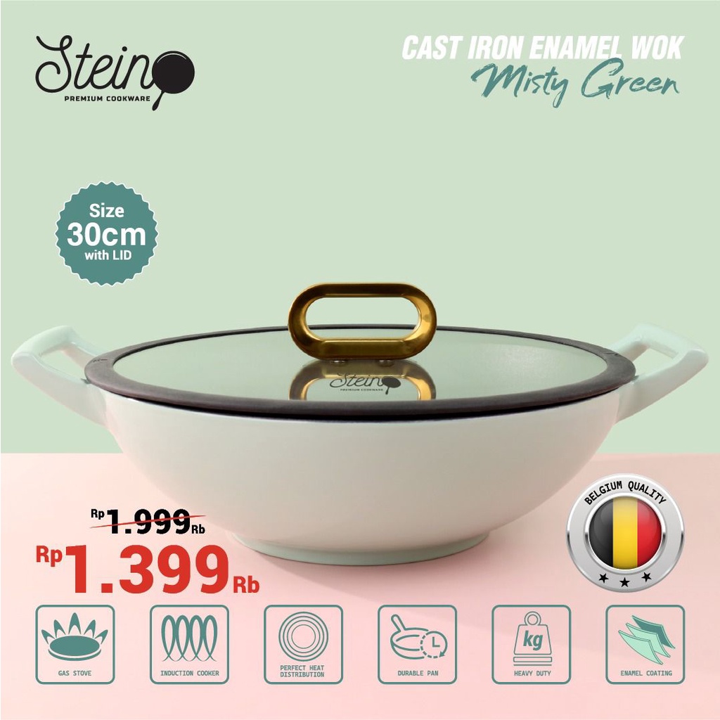 Cast Iron Wok Steincookware 30cm Enamel Wok Stein 30 Green Blue Wajan Enamail Iron Cast Penggorengan Induksi Kompor