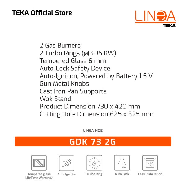 LINEA TEKA Kompor Tanam Kaca GDK 73 2G Kompor Gas 2 Tungku