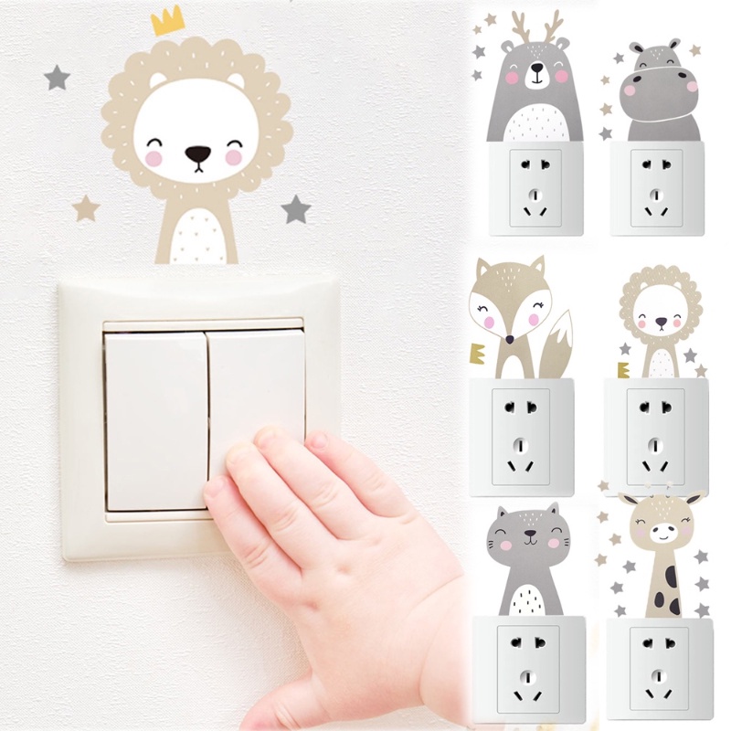 6pcs/set Wall Decals Boho Color Stiker Dinding PVC Switch Stiker Lucu Removable Smile Kartun Hewan Bintang Tahan Air Untuk Kamar Anak Bayi Nursery Room Kamar Tidur Ruang Tamu