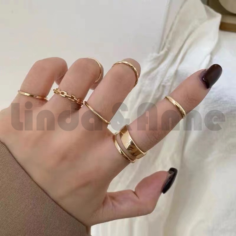 Cincin Magdalena 7 in 1 Set Ring 7pcs / Set Cincin Rantai Emas Model Terbuka Gaya Retro Korea Untuk Aksesoris Perhiasan