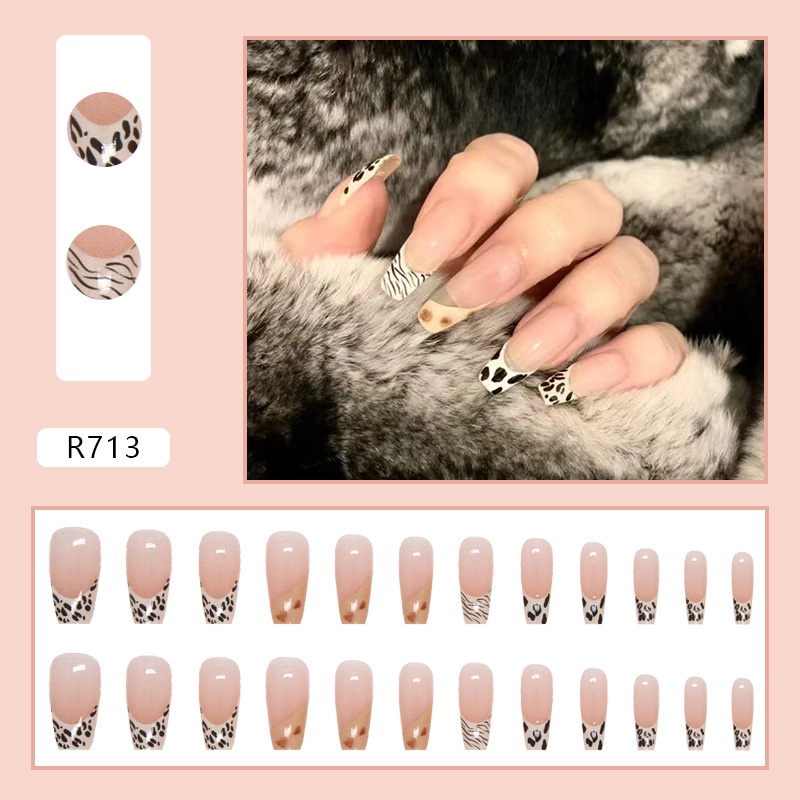 Cow Stripes French Style Fake Nails Kuku Palsu Panjang Isi 24pcs/box R713