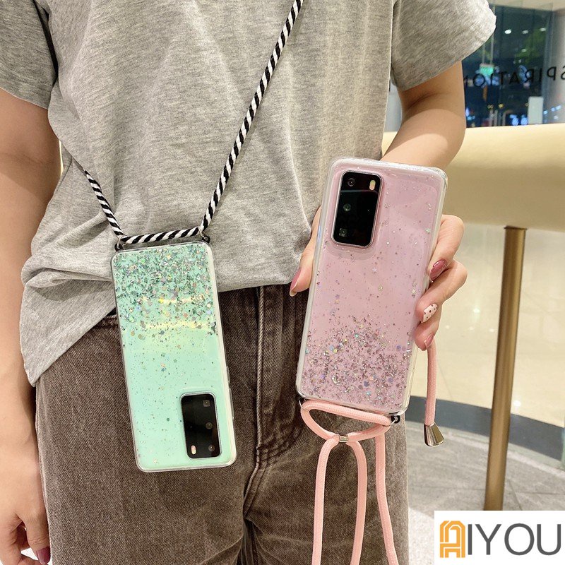 Hiasan Glitter Casing Ponsel Transparan Dengan Tali Untuk OPPO A5S F9 A12 A7 A11K A3S A1K A15 A15S A16