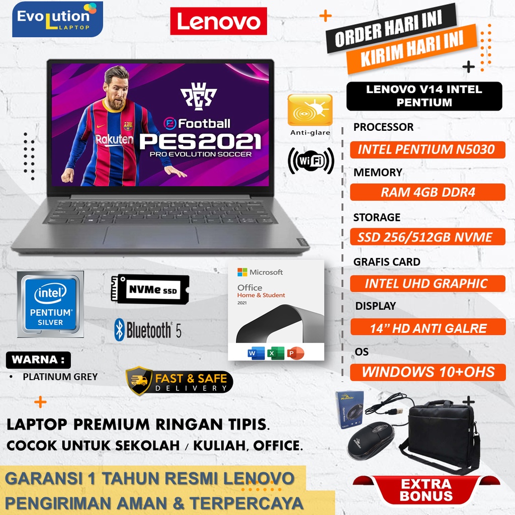 laptop Sekolah Murah Baru Lenovo V14 Intel Pentium Silver N5030 Ram 4GB 512gb WIN10HOME + OHS IRON GREY