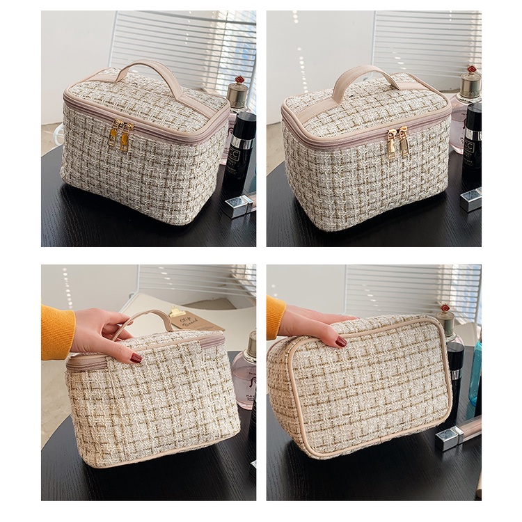 MAANGE Merajut Tweed Travel Tas Kosmetik Organizer Tempat Alat Baru Travel Make up Bag Kapasitas Besar Makeup Pouch Portable Travel Toilet Bag Mencuci Jinjing Kotak-Kotak Gaya Korea Model Tas Penyimpanan 1236