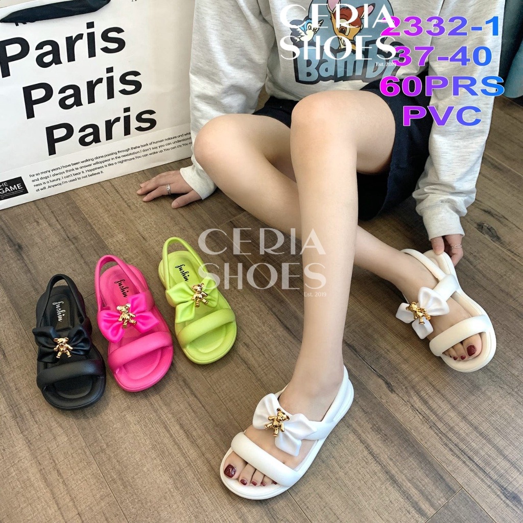 PVC Sandal Jelly Wanita Karet Import BKK Korean Slippers Import Bahan Empuk Elastis Ringan Sol Anti Slip Accesoris Motif Golden Bear 2332