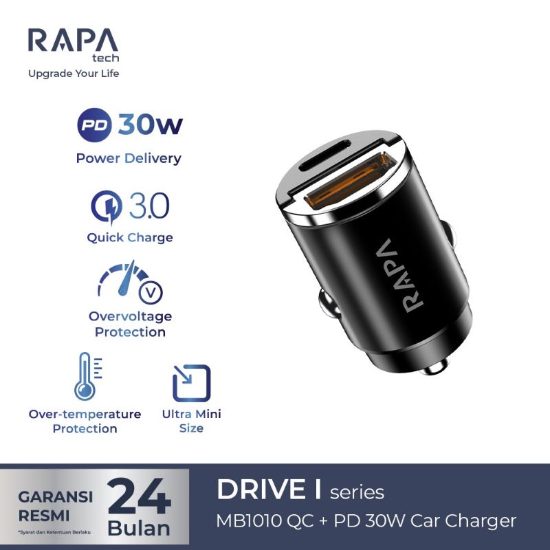 RAPAtech MB1010 Car Charger Dual Port Fast Charging QC3.0 PD 30W