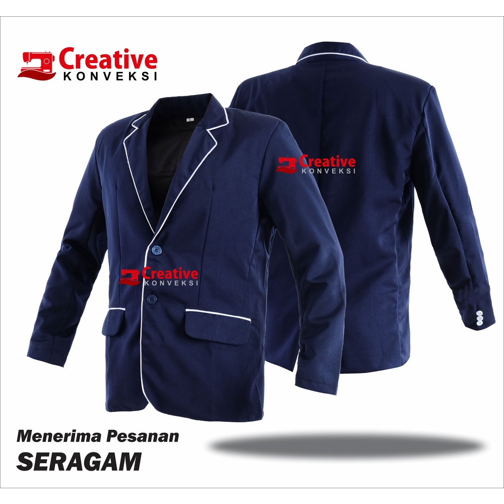 (BIG PROMO) Blazer Jas Almamater navy biru dongker lis putih / JAS OSIS / BLAZER Full Puring / Jas Mahasiswa warna navy bisa tambah bordir / jas osis blazer pesantren / almamater list putih