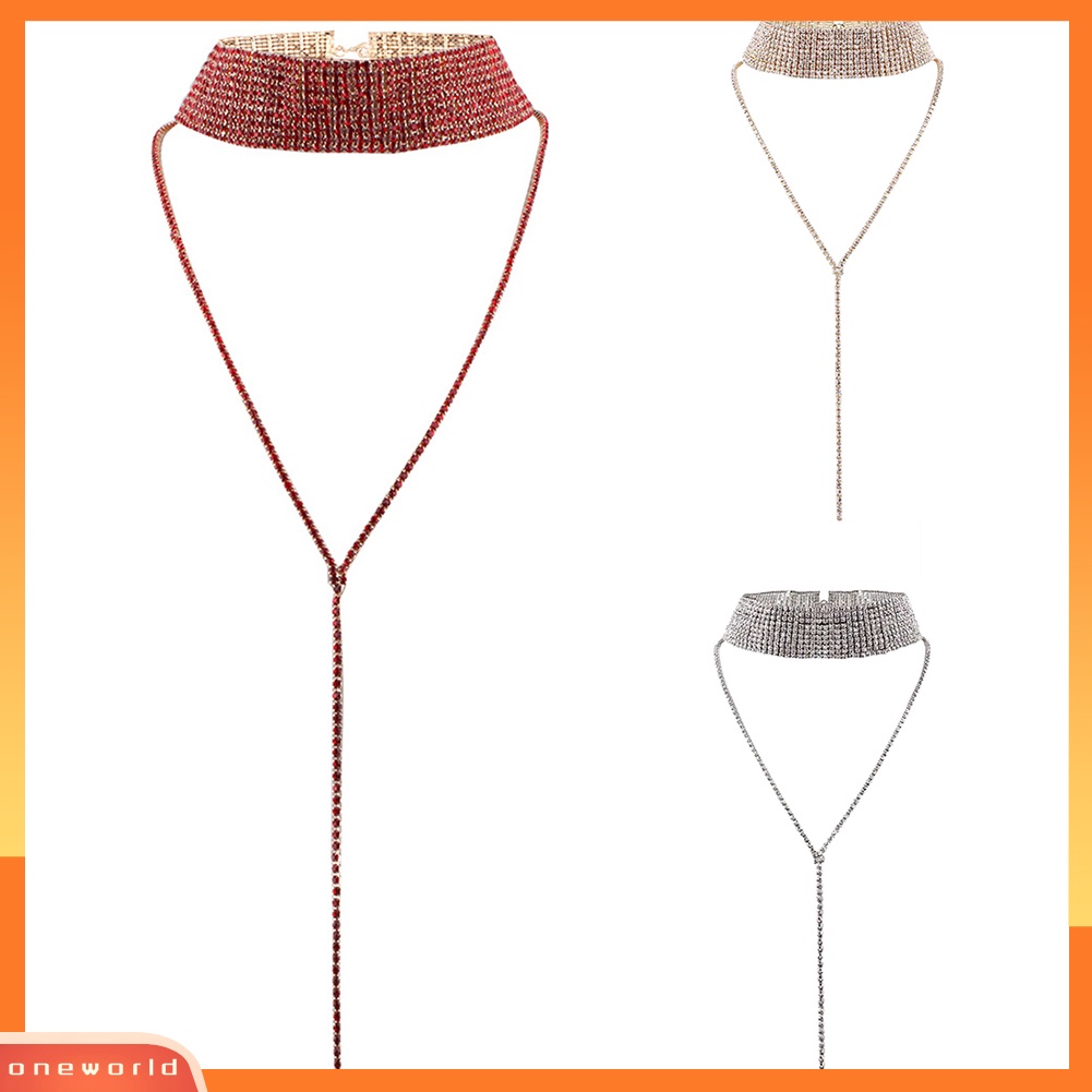 {oneworld} Wanita Fashion Berlian Imitasi Bertatahkan Multilayer Choker Rumbai Rantai Kalung Perhiasan
