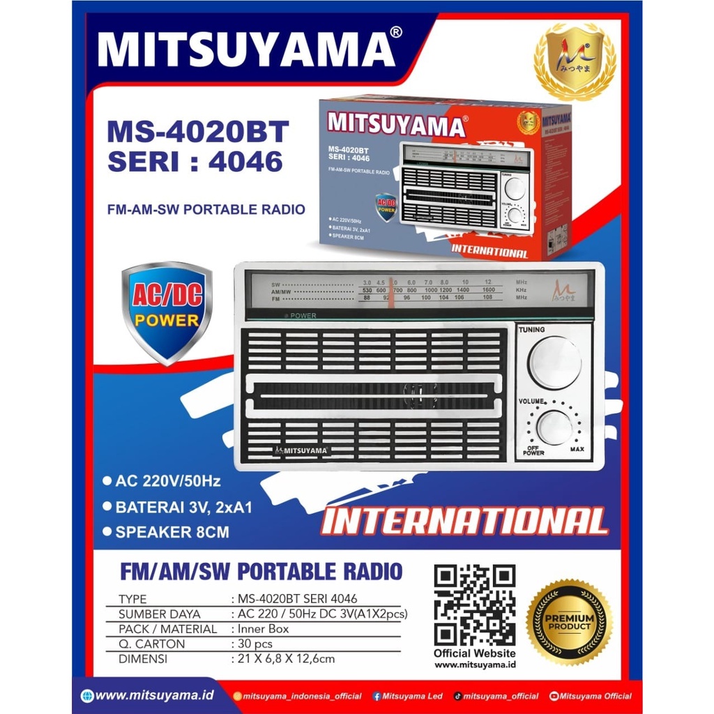 RADIO MITSUYAMA MS 4046 FM AM SW PORTABLE RADIO AC DC