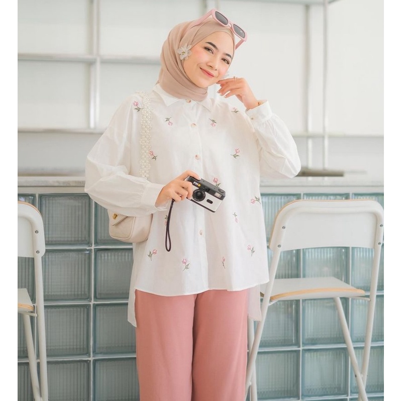 Nancy Flower Shirt | Kemeja Katun Adem Nyerep Keringet Bordir Kerja Simple Bunga | Katun premium bunga