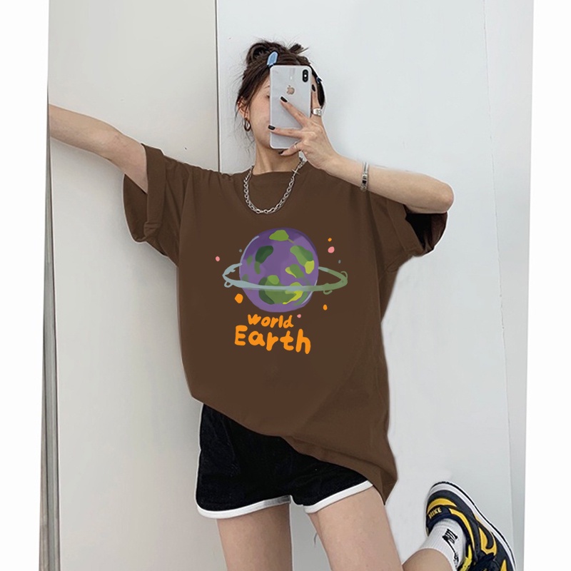 100% Katun Graphic Tee Baju Wanita Earth Print Atasan Wanita Oversize Kaos Putih T-shirt Couple Korean Style/kaos murah