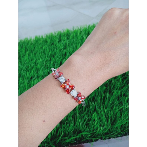 gelang tangan bangle batu oranye &amp; putih/perak asli silver 925 lapis emas/perhiasan fashion wanita terbaru