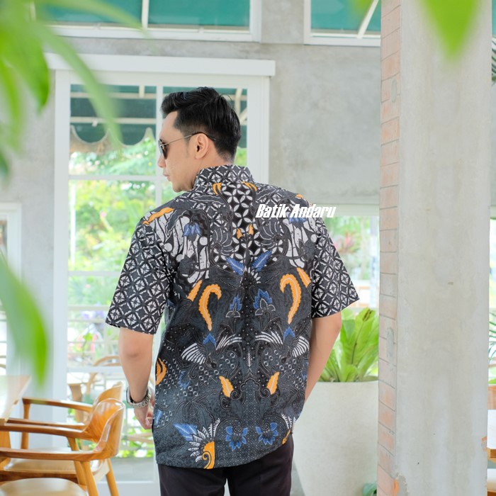 Kemeja Batik Pria Lengan Pendek Modern Heem Premium Bahan Katun Primisima Solo Lapis Furing Erro Warna Hitam