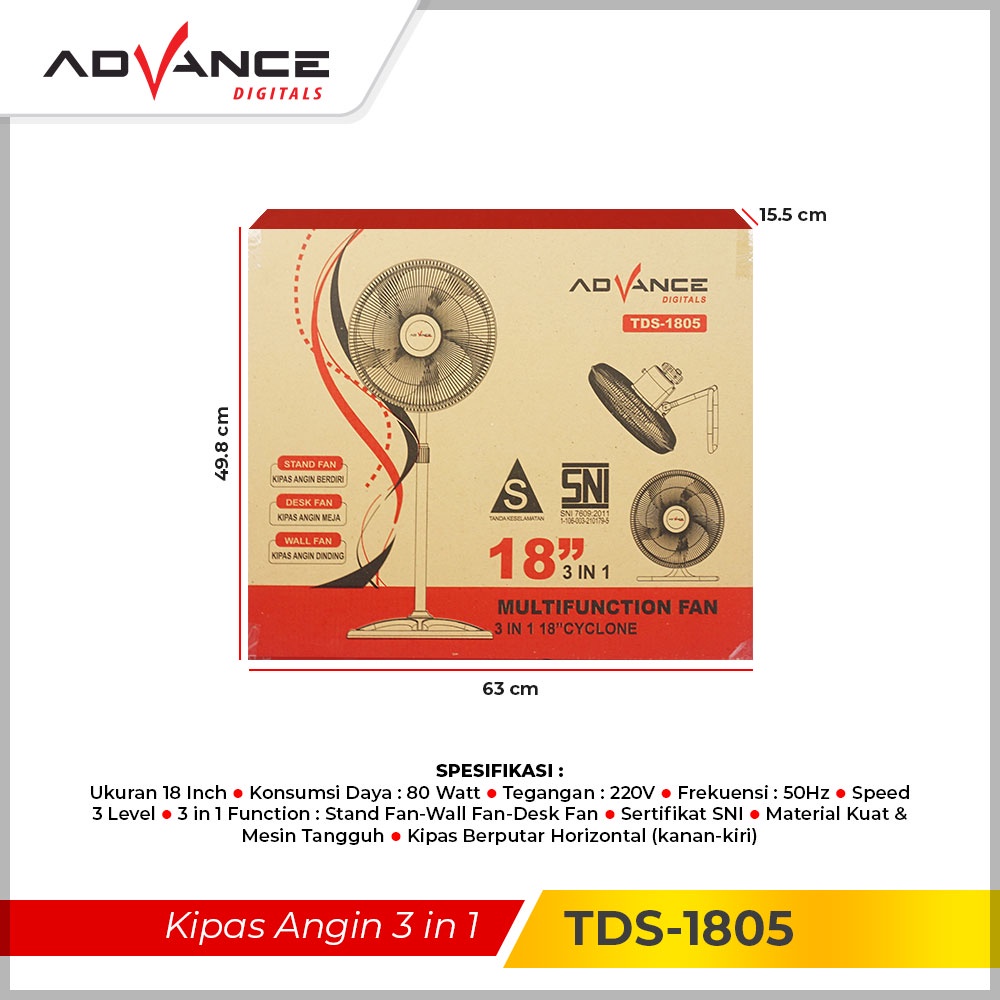 ADVANCE Kipas Angin 3in1 Berdiri / Meja / Dinding TDS-1805 Garansi Resmi Advance 1 Tahun