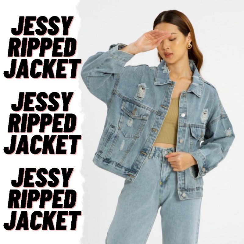 Jessy Jaket Jeans Ripped Sobek Wanita Kekinian Oversize