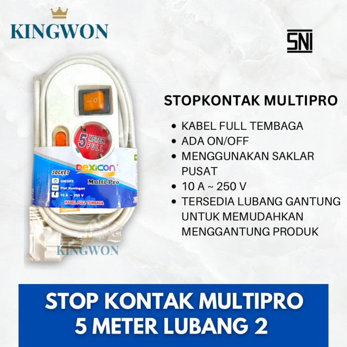 STOP KONTAK MULTI SWITCH ON OFF KABEL 5 METER LUBANG 2 COLOKAN LISTRIK FULL KABEL SNI DEXICON