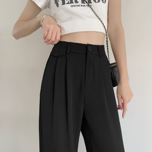 Highwaist Straight Loose Kasual Celana Setelan Wanita Korea (Panjang Ada Karet)