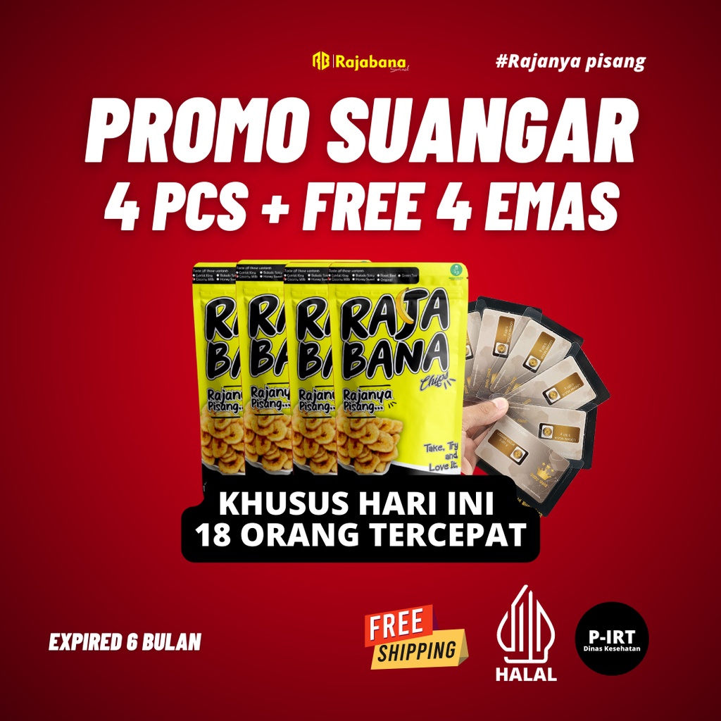 

FREE GIFT Keripik Pisang Coklat Rajabana Chips Paket Bundling 4 gratis 4 EMAS CEMILAN/ SNACK MAKANAN RINGAN/ KERIPIK PISANG
