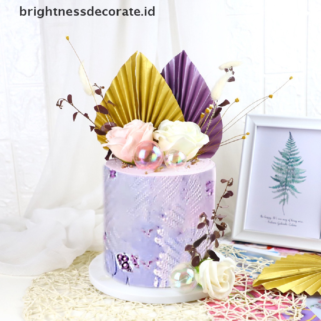 [Birth] 2pcs Paper Fan Cake Topper Gold Palm Leaf Dekorasi Pesta Ulang Tahun Kue Insert [ID]