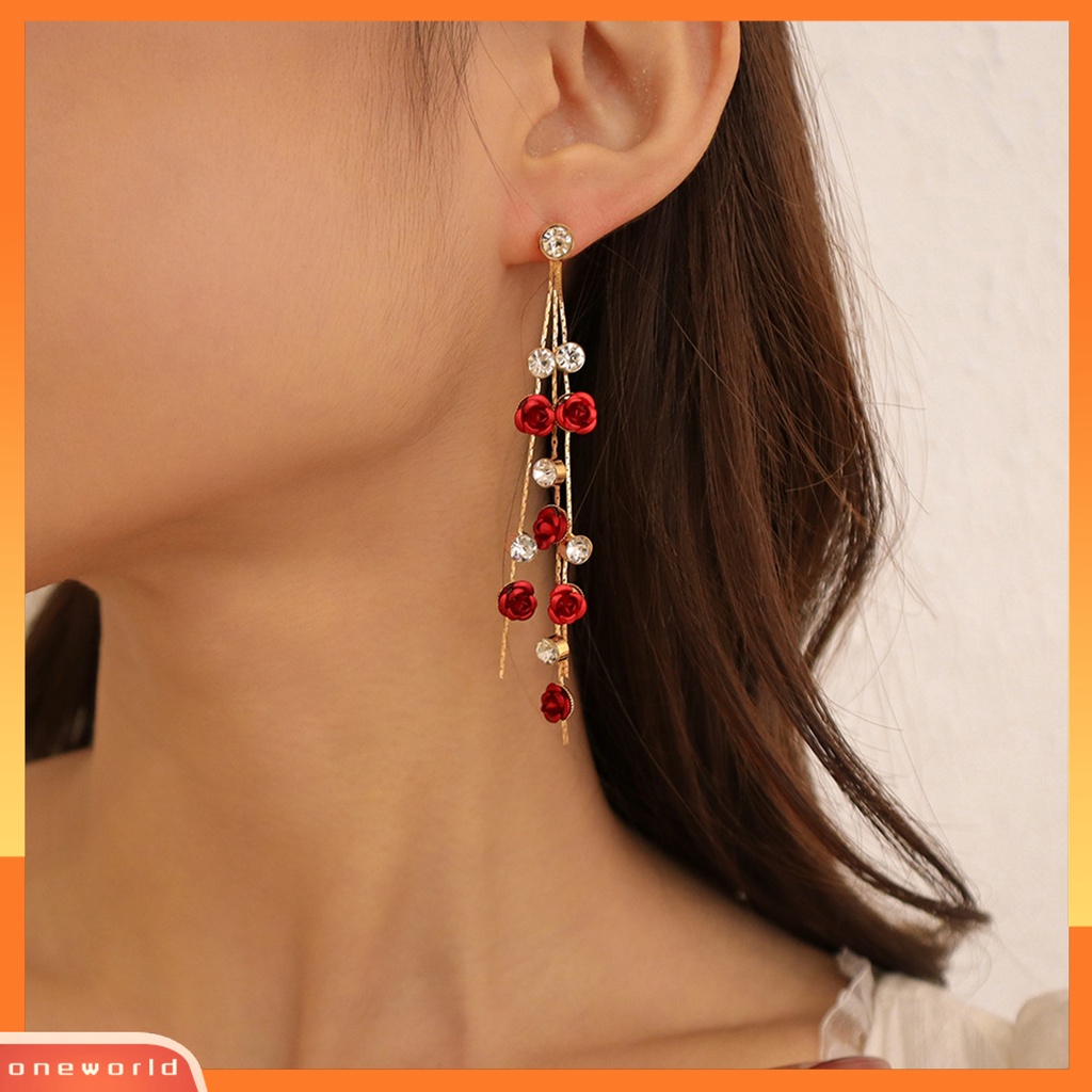 [oneworld] 1set Lady Earrings Kalung Set Indah Anting Panjang Warna Kontras Dekorasi Mawar Merah Berlian Imitasi Mengkilap Wanita Perhiasan Set Untuk Hadiah