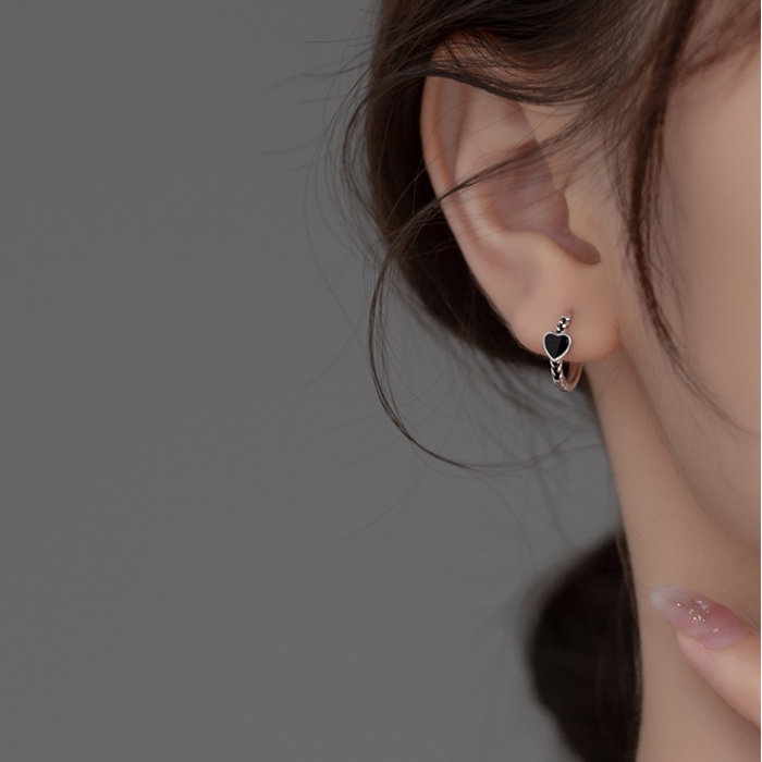Kami Bunga Chic Perak Lukisan Minyak Hitam Hati Hoop Anting Untuk Wanita Gadis Korea Memutar Lingkaran Bulat Anting-Anting Fashion Telinga Perhiasan