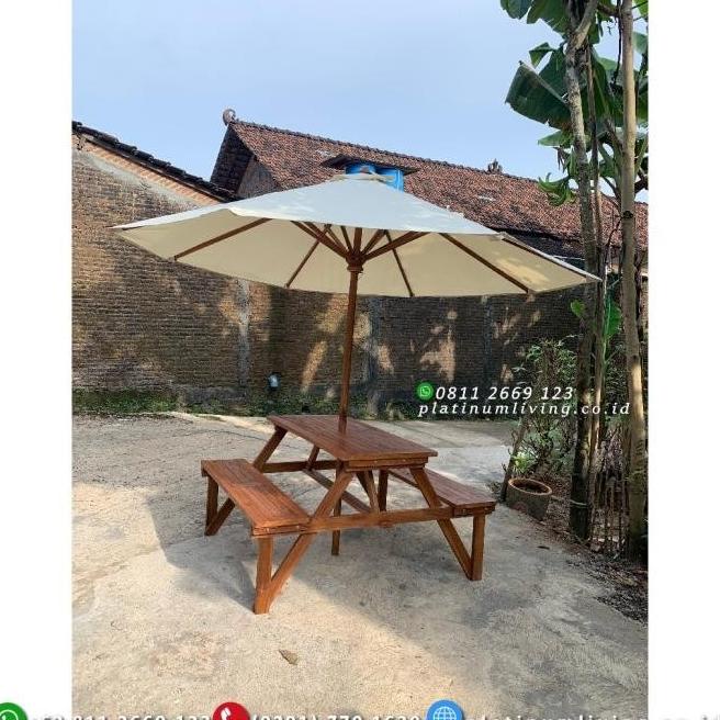 Meja Payung Taman Kayu Jati, Meja Makan Cafe Outdor, Kursi Meja Payung Storqaila