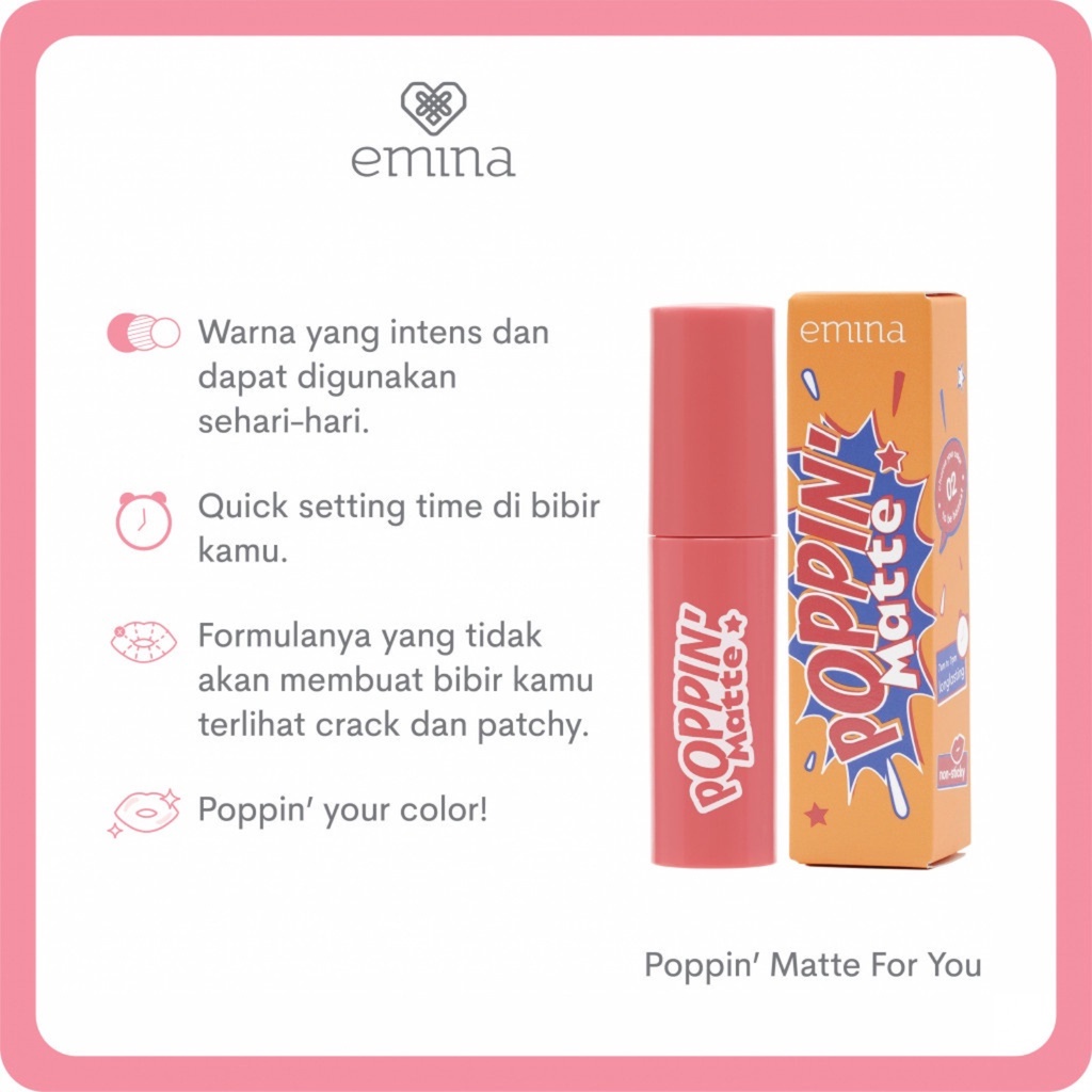 Emina Poppin’ Matte | The 90s | x Chatime Edition Lip Cream Matte Poppin Ringan Long lasting Transferproof Tidak Lengket BPOM