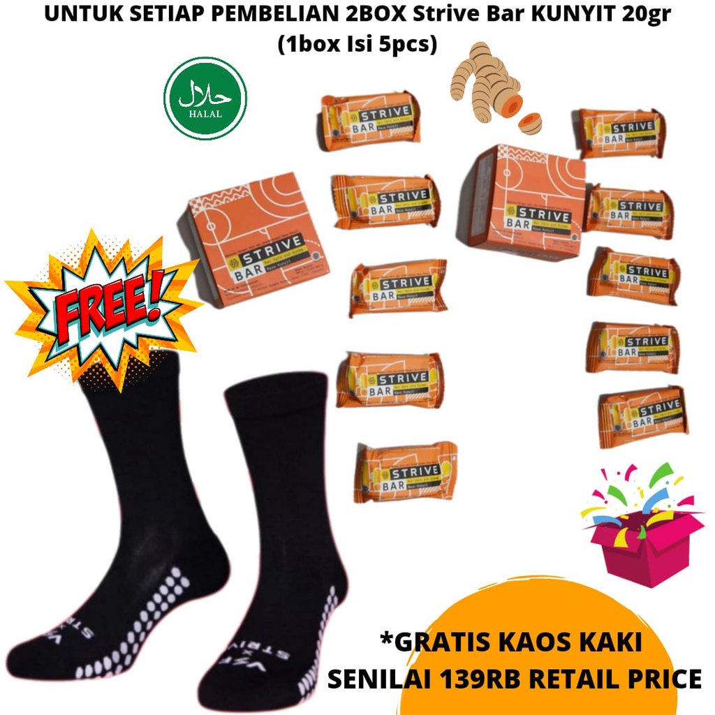 STRIVE BITE RASA KUNYIT ENERGY BAR 2BOX ISI 10PCS 20gr FREE KAOS KAKI