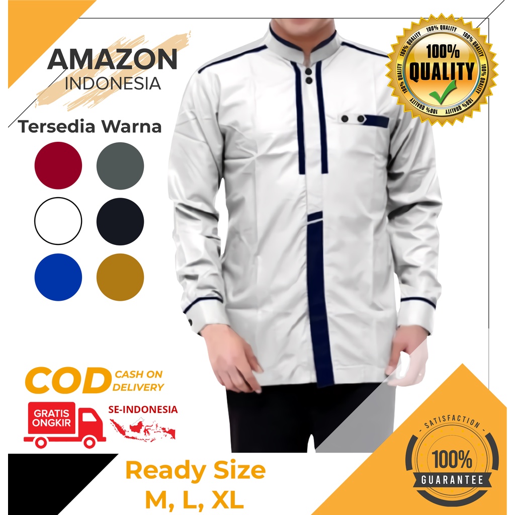 BAJU MUSLIM KOKO PRIA DEWASA LENGAN PANJANG WARNA PUTIH WHITE MOTIF RAMADHAN IMPORT BAHAN KATUN