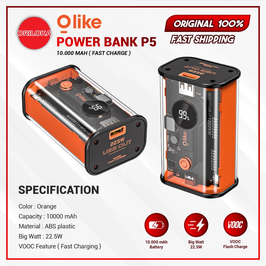 Power Bank Olike P5 BLITZ 10000mAH 22.5W VOOC Fast Charging Powerbank