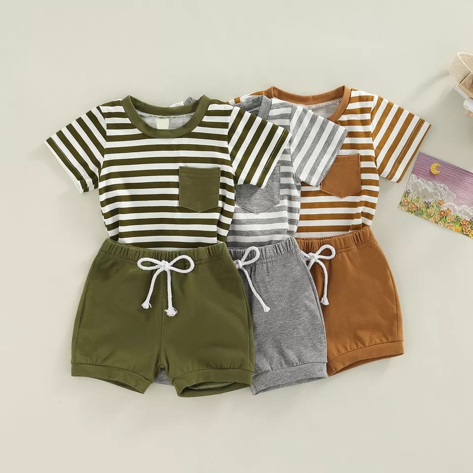 	 SETELAN ANAK ALFA Setelan baju anak laki laki ALFA set kaos motif salur dan celana pendek anak unisex 1007	