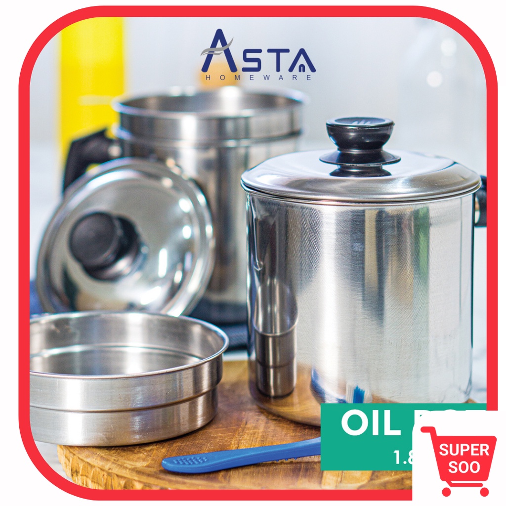 Asta Wadah Saringan Minyak 1.8 Liter / Oil Pot / Saringan Minyak Goreng Jelantah / Wadah Saringan Minyak Goreng Stainless Steel Anti Karat / Wadah Penyaring Minyak Goreng