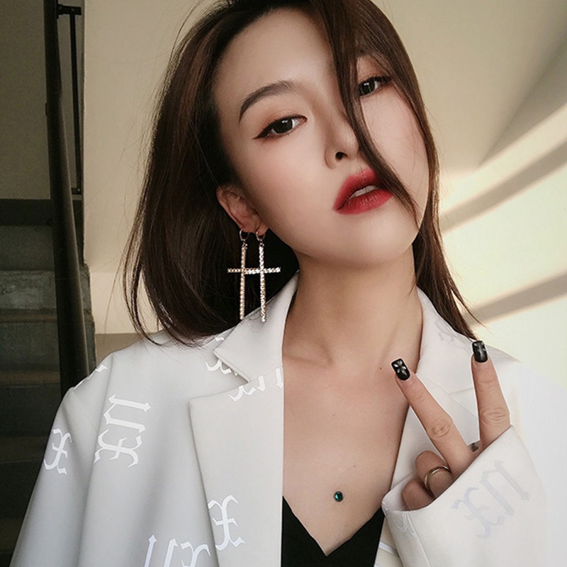 Fashion Mutiara Anting Salib Untuk Wanita Retro Hip Hop Asimetris Liontin Anting Earrings Kepribadian Liburan Ulang Tahun Perhiasan