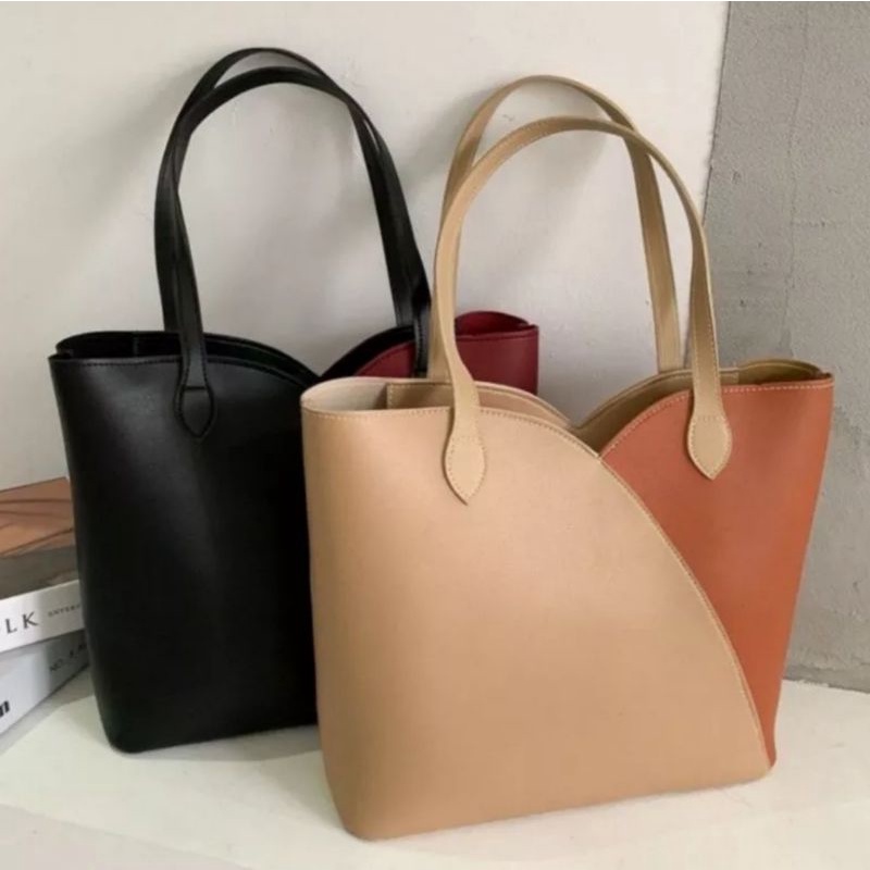 Tote Bag 2 Warna Tas Bahu Wanita Seleting