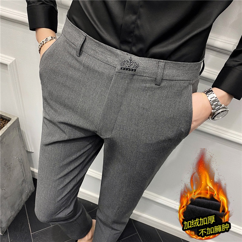 Pria Menebal Bulu Berjajar Kasual Celana Korea Fashion Style Slim-Fit Borr Perapi Celana Meum Gray J