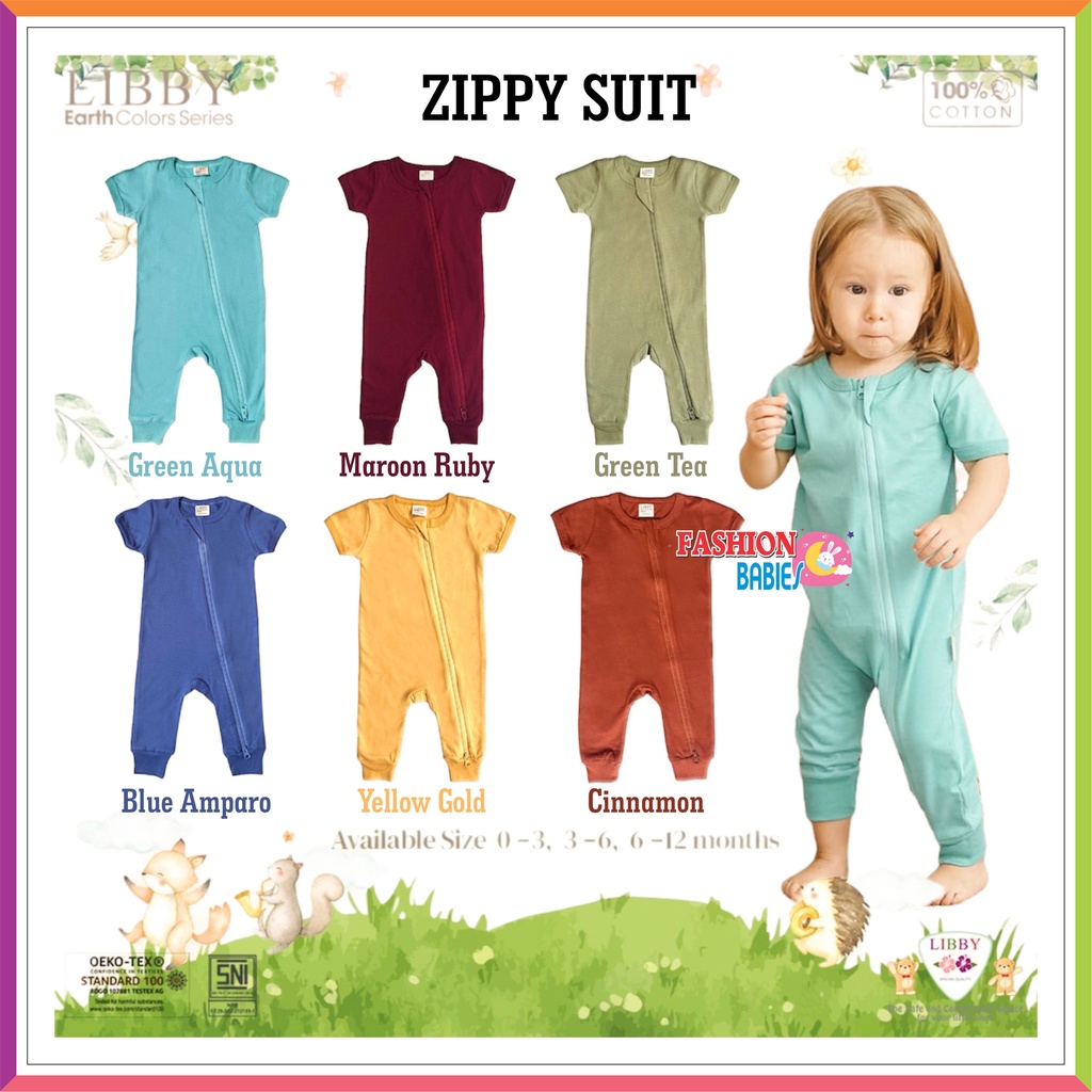 LIBBY ZIPPY SUIT EARTH COLOUR | ZIPPER JUMPSUIT LENGAN PENDEK 0-12 BULAN