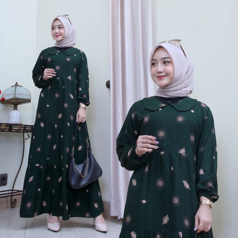 Gamis Rayon  Motif Daun / Gamis Remaja / Gamis Rayon Susun Rempel Wanita / Gamis Rayon Wanita / Gamis Wanita