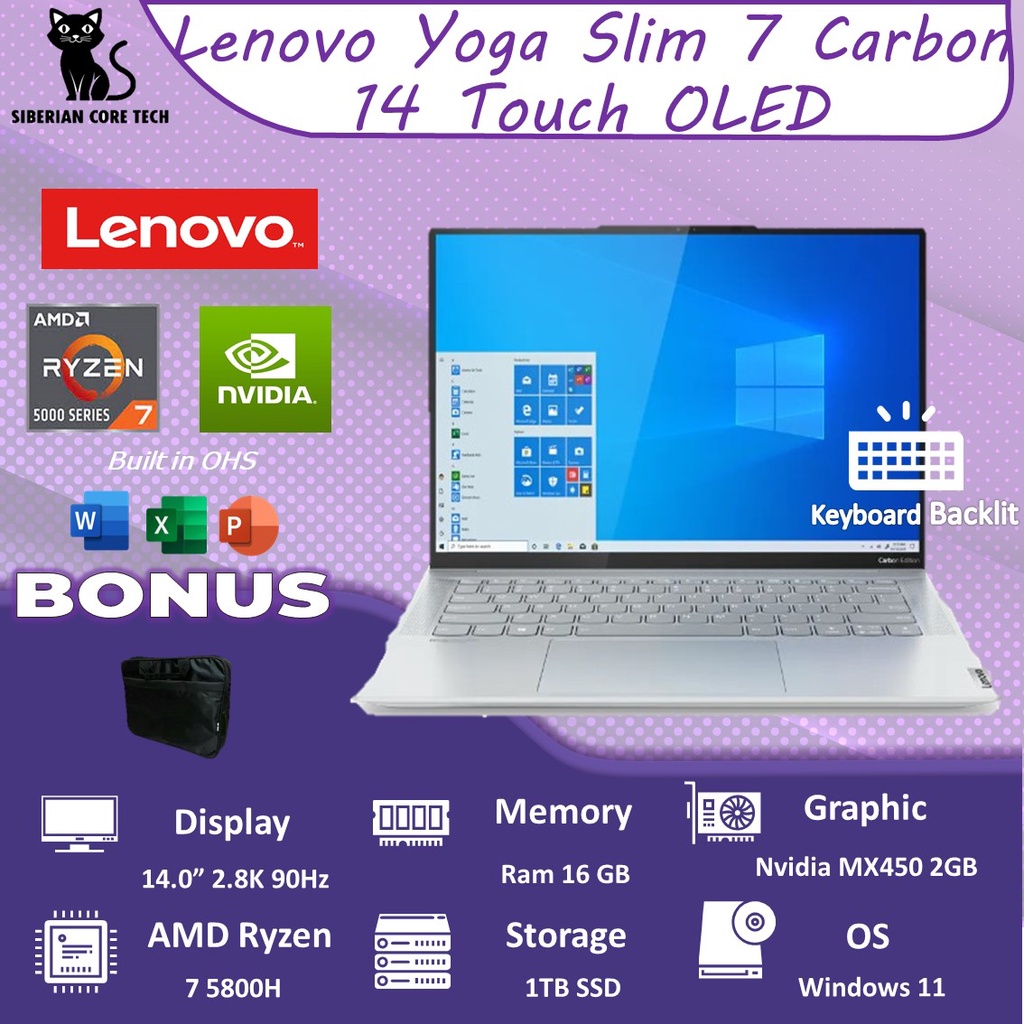 LENOVO YOGA SLIM 7 CARBON 14 TOUCH OLED MX450 2GB/ RYZEN 7 5800H 16GB 1TBSSD W11+OHS 14.0 2.8K 90HZ 3YR PREM+3ADP GRY -6FID
