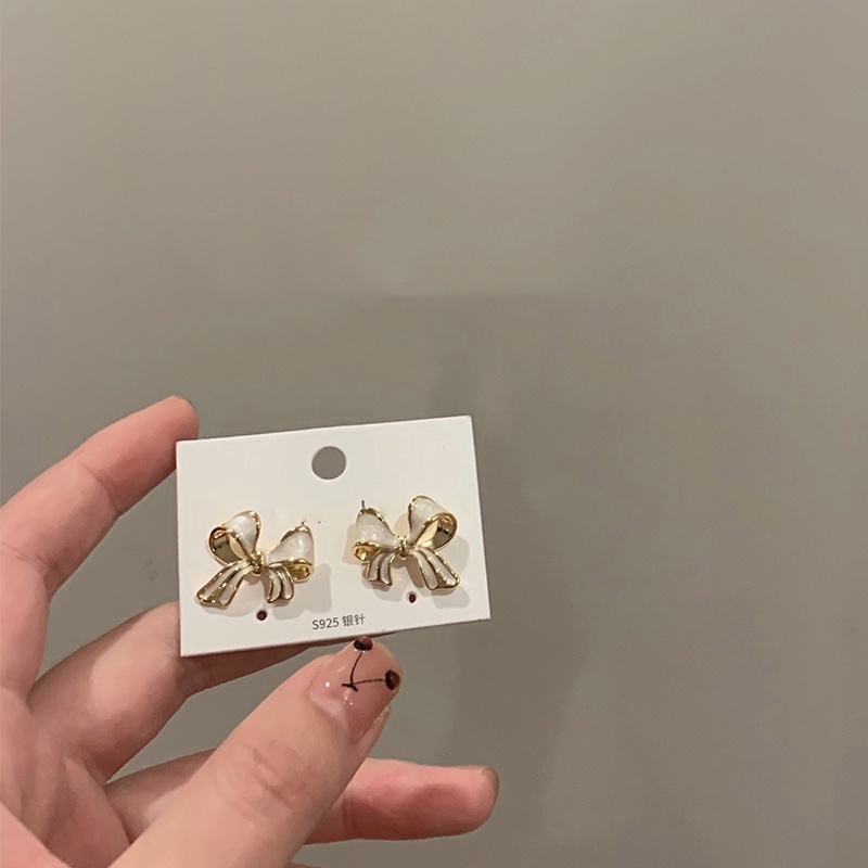 Vintage Perancis S925 Perak Disepuh Busur Anting Priness Gadis Earring Ear Studs Fashion Aksesori