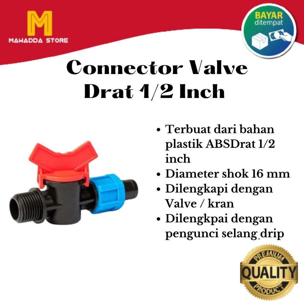 Connector Valve Drat 1/2 Inch - Selang Drip 16 mm