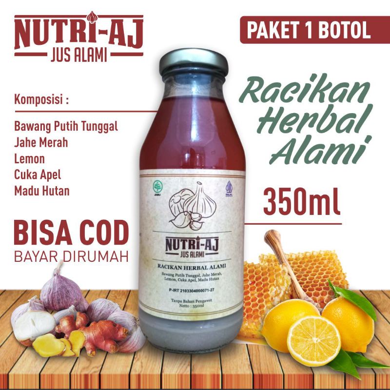 

Nutri-Aj,Jus Alami-Jus Bawang Putih Tunggal,Jahe Merah,Madu Murni,Cuka Apel,Lemon