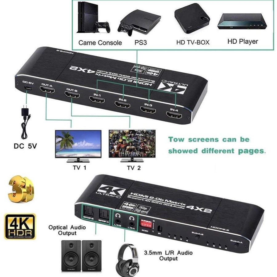 Hdtv 2.0 matrix switch NB 4x2 4k 60hz 3d edid hdr spdif audio remote ozj1-1 - Hdtv 4 input to 2 output monitor