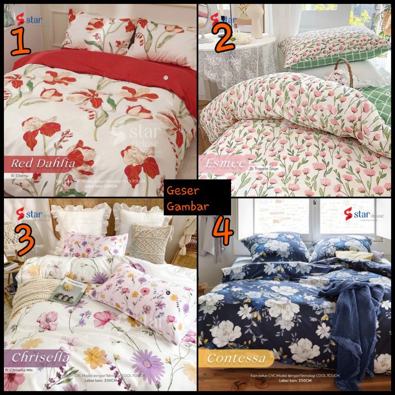 Bedcover Set Sprei Katun Lokal Star Collection  motif Daun Dan Bunga Uk Double 180x200 160x200 Bedco