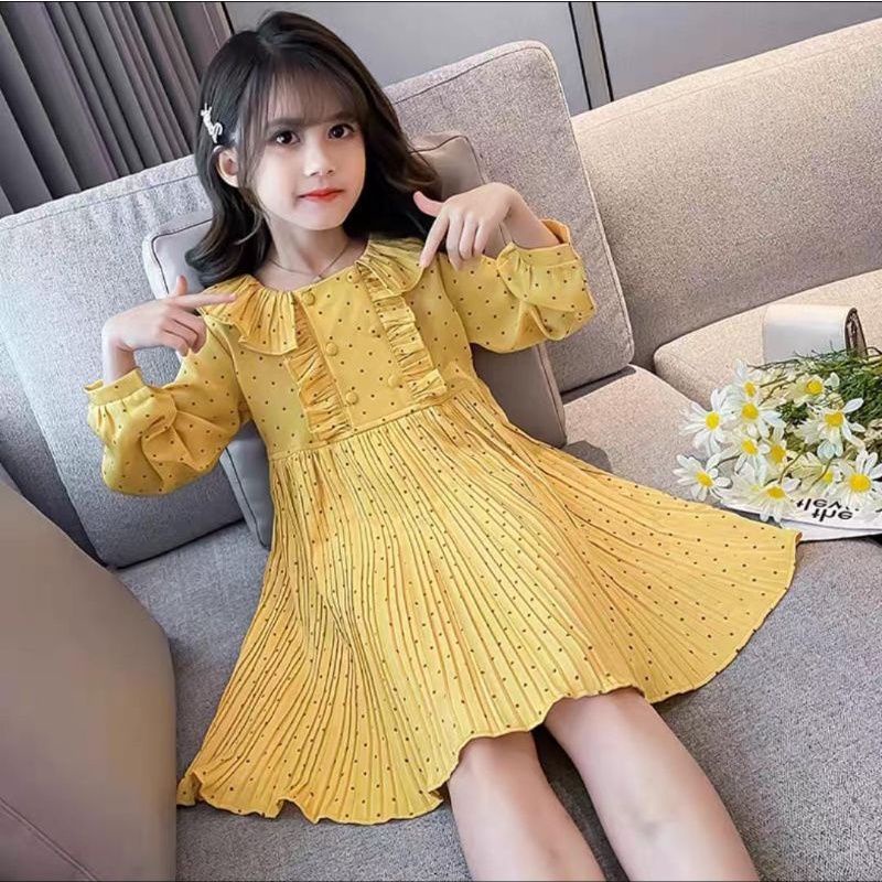 Dress Plisket Polkadot kuning 130(7-8 Tahun)