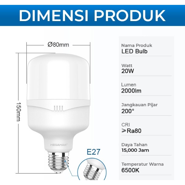 LAMPU LED / BOHLAM MEGAMAN T-BULB YTT80Z1 20W / 20 WATT GARANSI RESMI - 6500K PUTIH